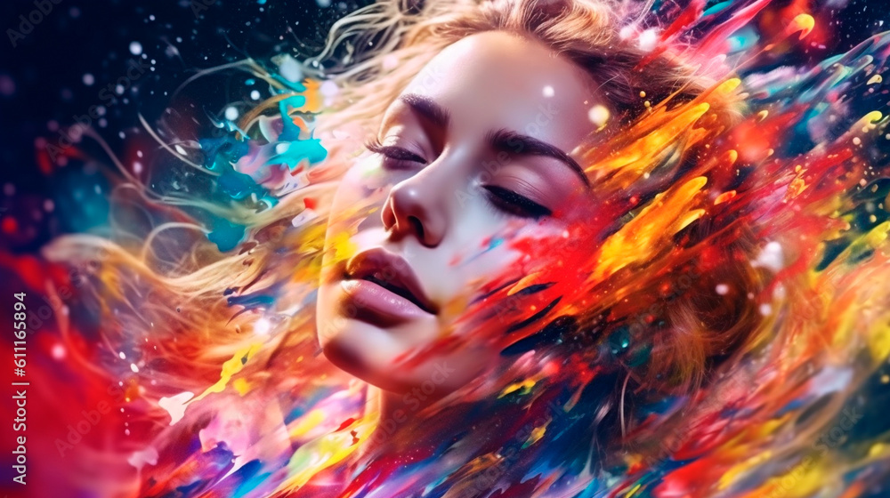 Fototapeta premium Beautiful fantasy abstract portrait of a beautiful woman double exposure with a colorful digital paint splash or space nebula. Generative AI