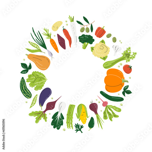 Veggies round composition. Different eco farm agricultural local products concept design isolated on white. Circle frame template with vegetables. Hand drawn flat vector illustration with copy space