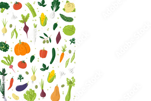 Horizontal composition of different vegetables. Veggies design concept in the middle. Banner template with negative space. Farm food isolated on white background. Hand drawn flat vector illustration