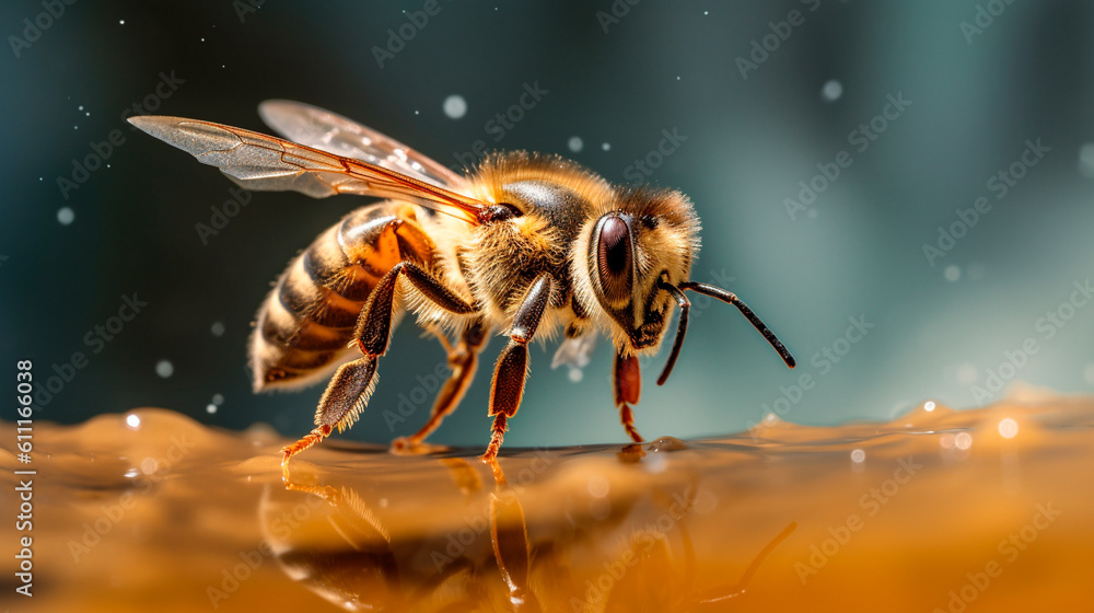 Bee on water, honeybee macro. Generative AI Bee on water, honeybee macro. Generative AI