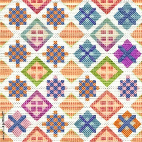 Cozy cross stitch quilt pattern with intricate details, Generative AI