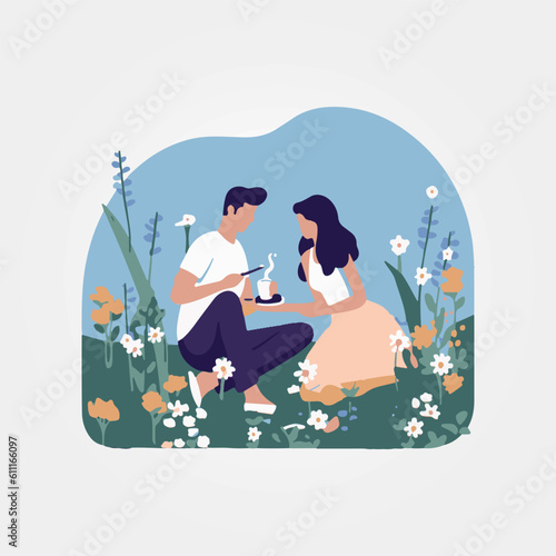 vector illustration, amateur couple having a picnic in nature