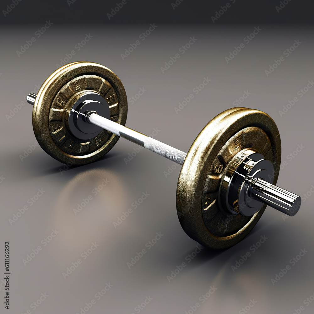 Barbell bar and barbell plate on black background. Barbell in a dark grungy gym with gray color neon light. Gym concept. Realistic 3D illustration. Generative AI