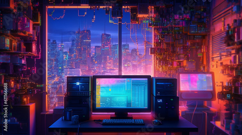 A computer setup in front of a colorful view of the city, Generated AI