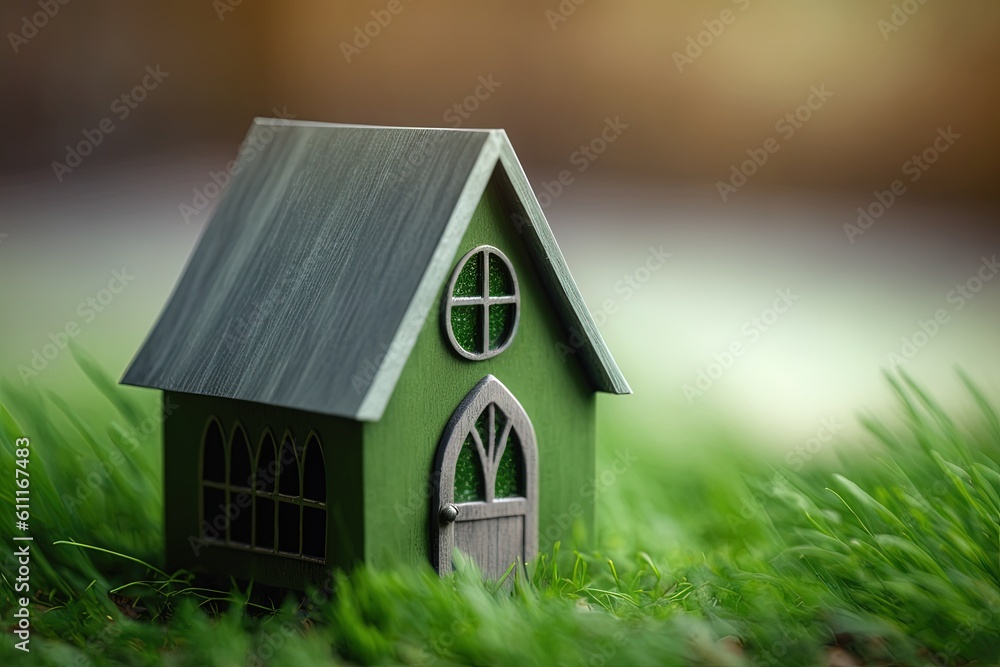 Miniature house on green grass. Real estate concept. Modern housing. Eco-friendly and energy efficient house. Buying a home outside the city. Nature. Fresh air. Mortgage, loan Miniature house on green grass. Real estate concept. Modern housing. Eco-friendly and energy efficient house. Buying a home outside the city. Nature. Fresh air. Mortgage, loan