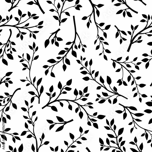 Vector Black and White Seamless Pattern with Tree Brunches. Flat Cartoon Twig with Floral Leaves. Spring, Summer Design - Leaves, Brunches, Plants, Herbs. Vector Illustration