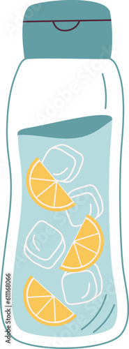 Water with ice and lemon in eco glass bottle. Plastic free, zero waste concept. Flat vector illustartion.