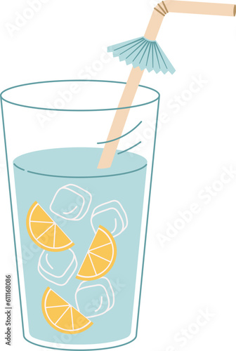 Water with ice and lemon in glass. Plastic free, zero waste concept. Flat vector illustartion.