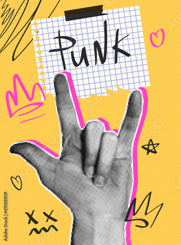 Contemporary punk poster with halftone hand making rock gesture.Naive doodle elements and checkered notebook sheet. Vector illustration.
