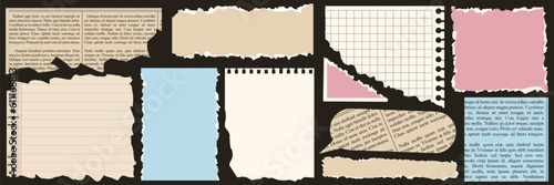 A set of torn paper, notebook sheets, old newspaper. Trendy elements for collage.  Vector contemporary illustration.