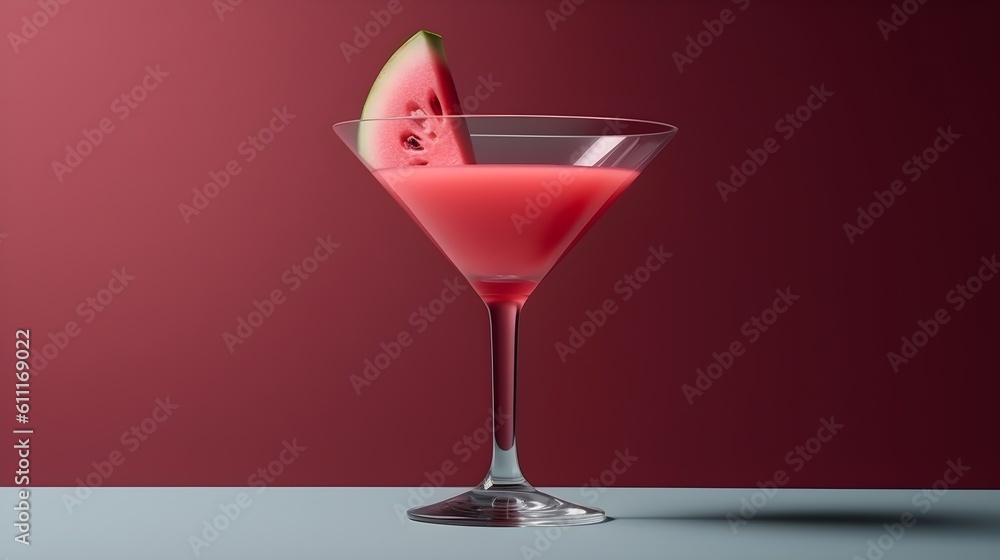 Alcoholic Watermelon Daiquiri Cocktail in modern style served on a elegant minimalist pastel pink background, futuristic, abstract, luxury, sunlight, design, tropical leaves shadows, AI Generated.