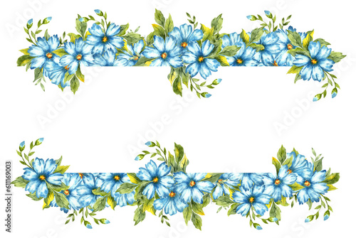 Watercolor illustration frame of blue flowers with buds. Colors indigo, cobalt, sky blue and classic blue. Great pattern for kitchen, home decor, stationery, wedding invitations and clothes. © AliCris