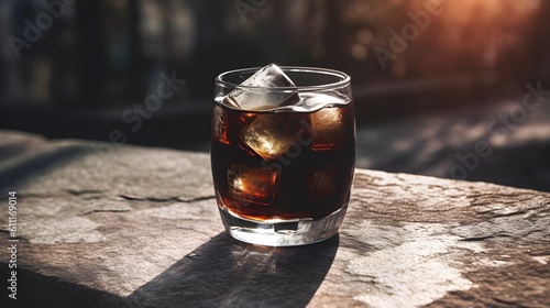 Alcoholic Black Russian Cocktail in modern style served on a elegant  old stone table, minimalist background, natural stone, concrete, luxury, sunlight, AI Generated.