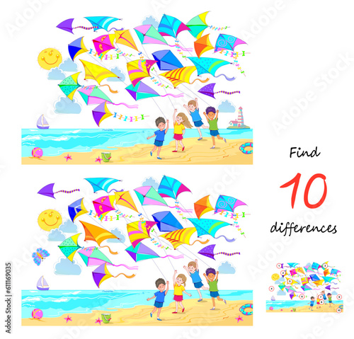 Find 10 differences. Illustration of kids playing on the beach with kites. Logic puzzle game for children and adults. Page for brain teaser book. Developing to count. Vector drawing.