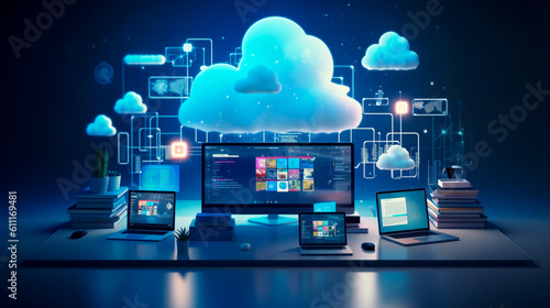 Cloud technology, computing. Devices connected to digital storage in the data center via the Internet, IOT, Smart Home Communication laptop, tablet, phone home devices with an online. Generative AI