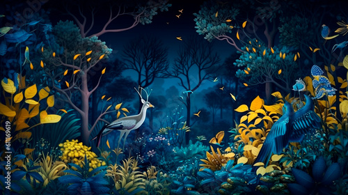 Dark blue mural wallpaper from the contemporary era Christmas tree, mountain, deer, birds, and waves of gold on a dark blue backdrop depicting a jungle or fore. Generative AI