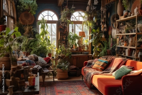 Stylishly decorated living space with vintage furniture, tapestries, and plants, reflecting the bohemian lifestyle of the time. Generative AI © bluebeat76