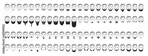 Set of Beard style men face illustration Facial hair. Vector black grey portrait male Fashion template flat barber collection set. Stylish hairstyle isolated outline on white background.