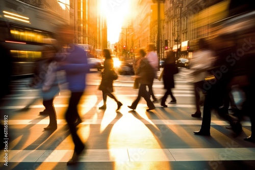 A blurred motion shot of people walking through a busy city street, conveying the dynamic and energetic atmosphere of urban life. Generative AI