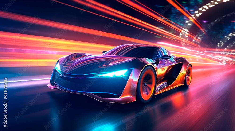 Futuristic Sports Car On Neon Highway. Powerful acceleration of a supercar with colorful lights trails. Generative AI