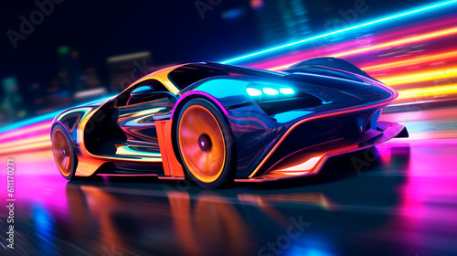 Futuristic Sports Car On Neon Highway. Powerful acceleration of a supercar with colorful lights trails. Generative AI © Aram