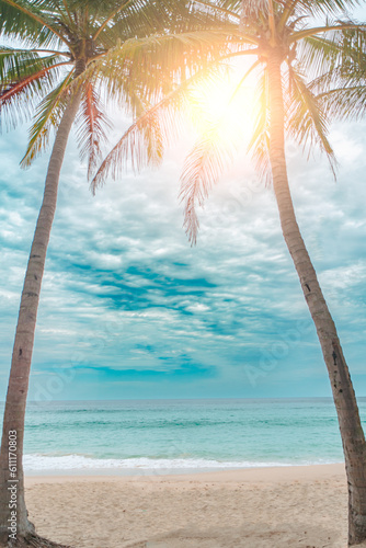 Fototapeta Naklejka Na Ścianę i Meble -  Tropical summer beach sand and beautiful sky with coconut palm tree background.