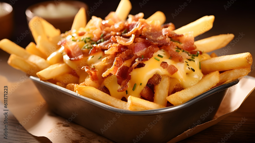 Perfect Crisp French Fries, crispy bacon and melted cheddar on top. Gourmet french fries with cheddar cheese and bacon. Generative AI.