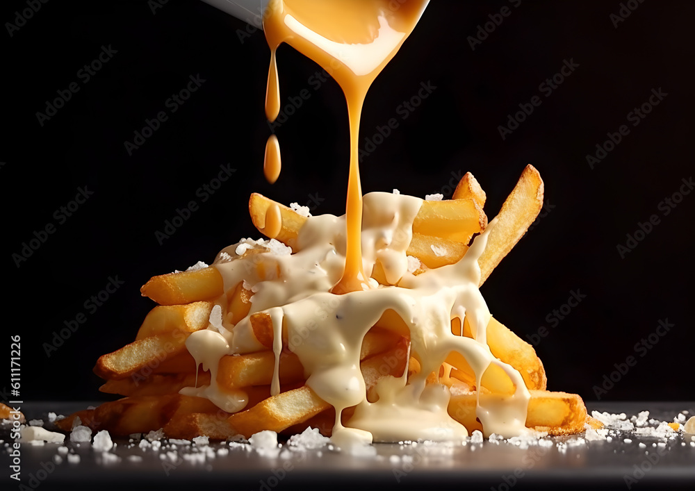 Perfect Crisp French Fries with melted cheddar cheese falling on top. Generative AI.