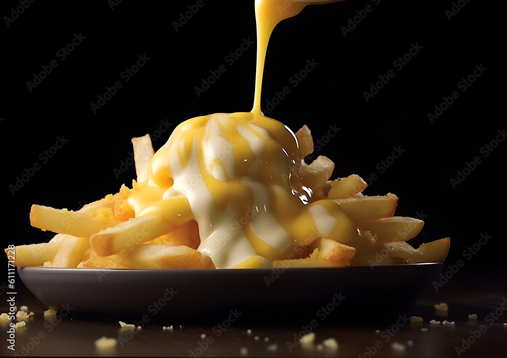 Perfect Crisp French Fries with melted cheddar being spilled on top. Generative AI.