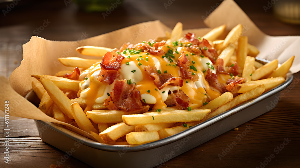 Perfect Crisp French Fries, crispy bacon and melted cheddar on top. Generative AI.