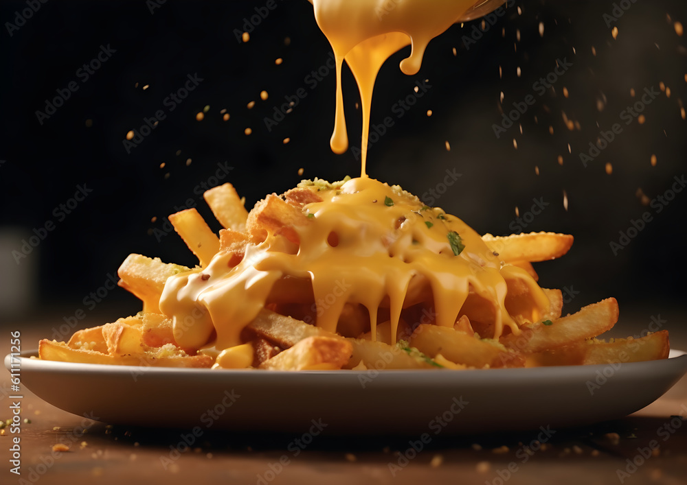Perfect Crisp French Fries and bacon with melted cheddar cheese falling on top on a plate. Generative AI.