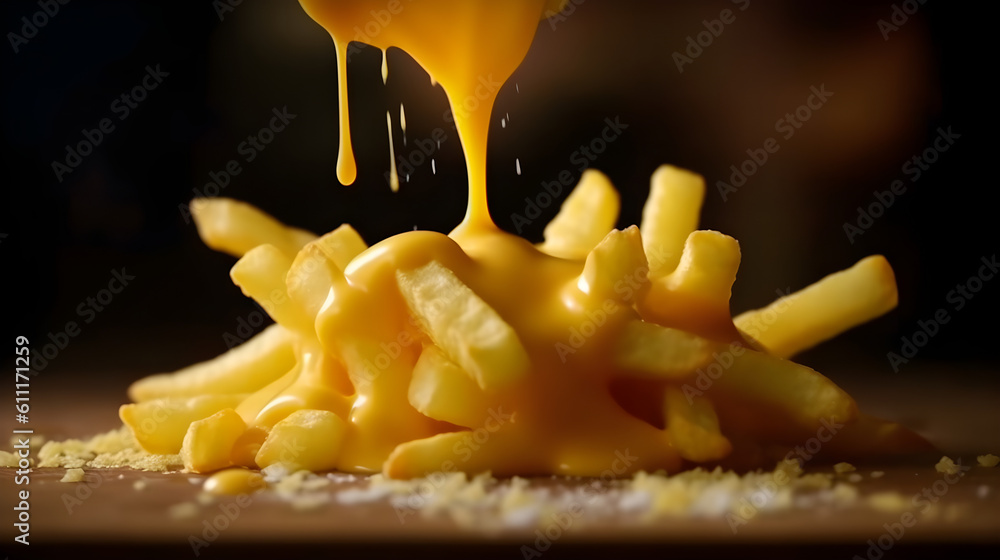 Perfect Crisp French Fries with melted cheddar cheese on top. Close up, Macro. Generative AI.