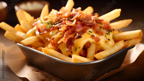 Obraz na płótnie Perfect Crisp French Fries, crispy bacon and melted cheddar on top. Gourmet french fries with cheddar cheese and bacon. Generative AI. w salonie