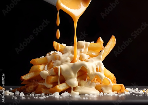 Obraz na płótnie Perfect Crisp French Fries with melted cheddar cheese falling on top. Generative AI. w salonie
