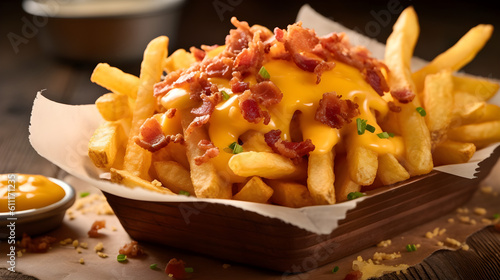 Obraz na płótnie Perfect Crisp French Fries, crispy bacon and melted cheddar on top. Generative AI. w salonie