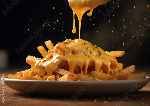 Obraz na płótnie Perfect Crisp French Fries and bacon with melted cheddar cheese falling on top on a plate. Generative AI. w salonie