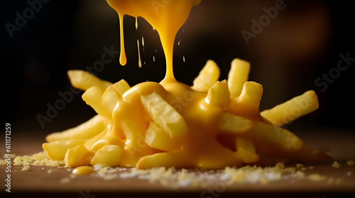 Perfect Crisp French Fries with melted cheddar cheese on top. Close up, Macro. Generative AI.