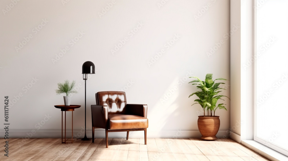 Fototapeta premium Modern mid century and minimalist interior of living room. Generative AI