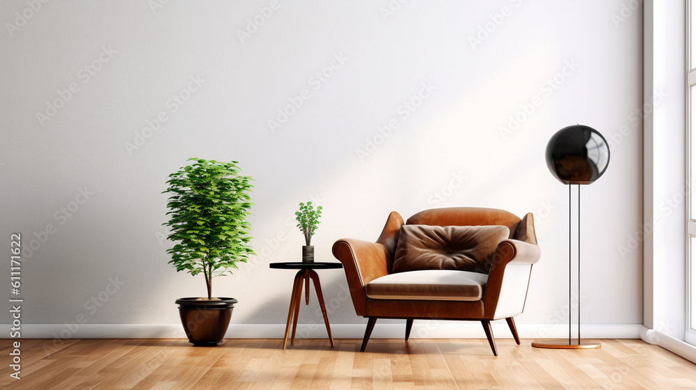 Modern mid century and minimalist interior of living room. Generative AI Modern mid century and minimalist interior of living room. Generative AI