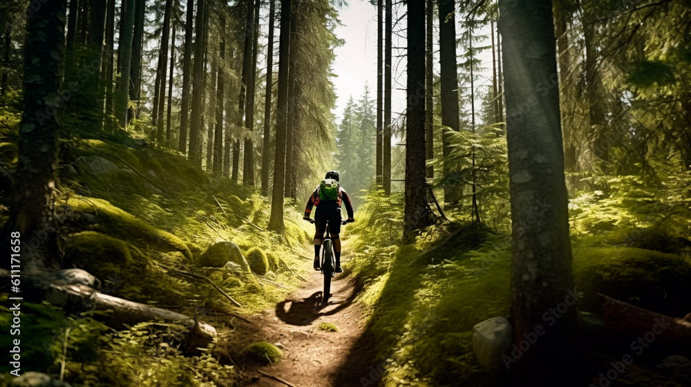 Obraz premium mountain bike rider forest wide angle man riding woods trail seamless wood texture deep shadows young female ascending life mountains outdoors. Generative AI