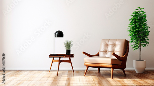 Modern mid century and minimalist interior of living room. Generative AI © Aram