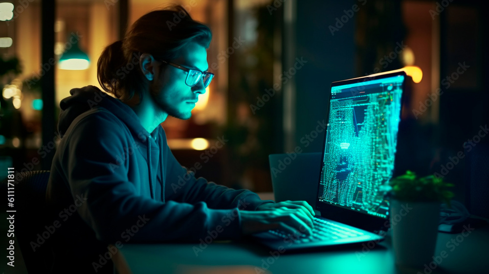 Software development concept. Coding programmer, software engineer working on laptop with javascript computer code on virtual screen, internet of things IoT, digital technology. Generative AI Software development concept. Coding programmer, software engineer working on laptop with javascript computer code on virtual screen, internet of things IoT, digital technology. Generative AI