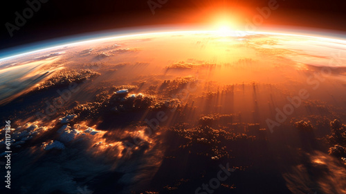 Sunrise over earth, sunrise in space. Generative AI © Aram