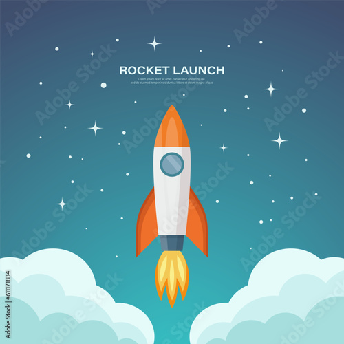 Vector Retro Red and White Space Rocket Ship Launch on Space Sky Background. Space Rocket Design Template for Business, Start Up Project, Development Process, Creative Idea etc