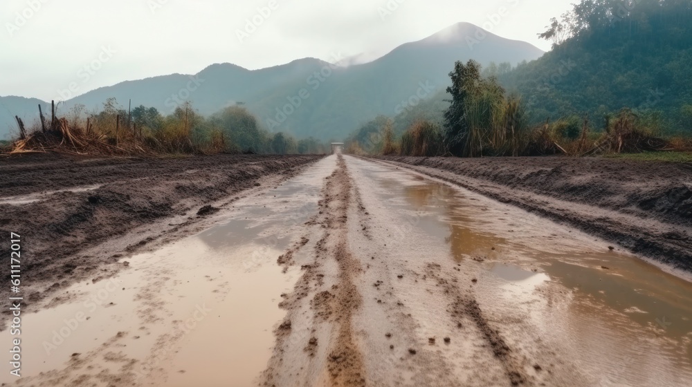 road destroyed by lines and landslides and mudflows. natural disaster and environmental disaster. Generative AI road destroyed by lines and landslides and mudflows. natural disaster and environmental disaster. Generative AI