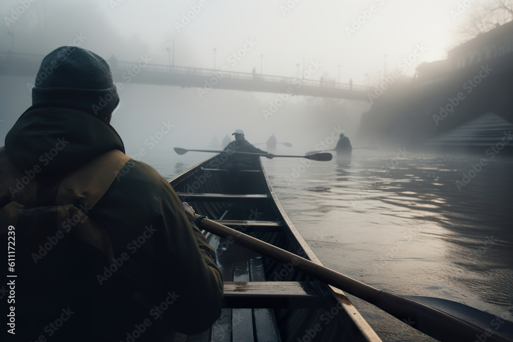 A person is in a boat on a foggy lake. Boat rowing in dense fog. A person in a boat is paddling through a foggy forest. Realistic 3D illustration. Generative AI