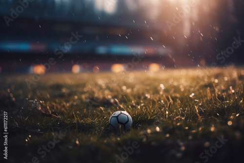 Soccer field with a ball in blurred scenery. Lights at night and stadium 3D. Ball on the tall grass. Realistic 3D illustration. Generative AI
