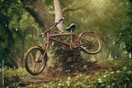 a bicycle thrown into a tree by a hurricane wind. natural disaster and life insurance. Generative AI
