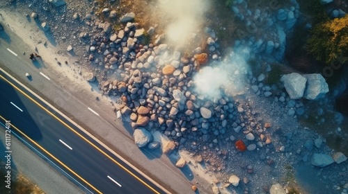 road destroyed by rockfall. natural disaster and catastrophe. . Generative AI