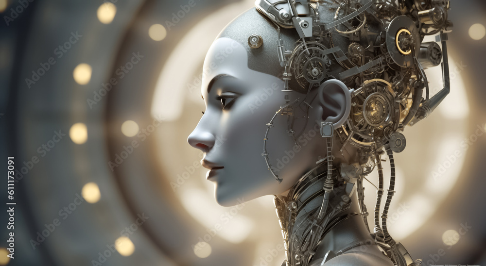 sight of a futuristic cyborg girl, her head adorned with metallic and bress gear, evoking a mesmerizing fantasy image. Generative AI. sight of a futuristic cyborg girl, her head adorned with metallic and bress gear, evoking a mesmerizing fantasy image. Generative AI.